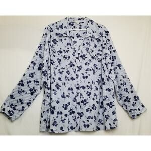 Studio Works Woman - Blue Striped Floral Button Down Long Sleeve Shirt Size 3X